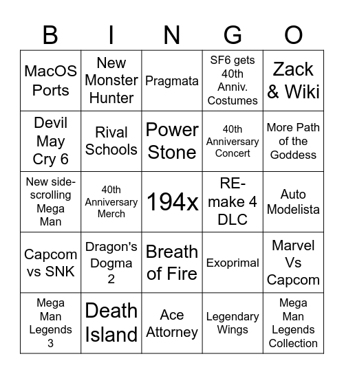 Capcom Bingo Card