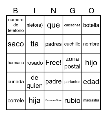 Spanish Bingo Card