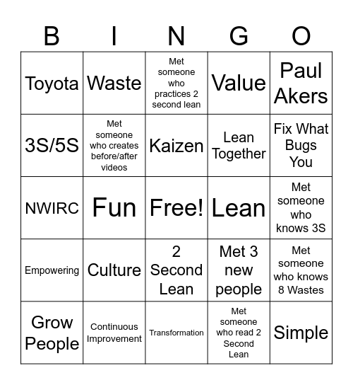 Lean Together Lingo Bingo Card