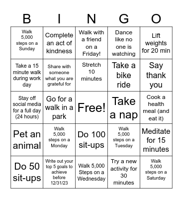 Wellness Bingo Card