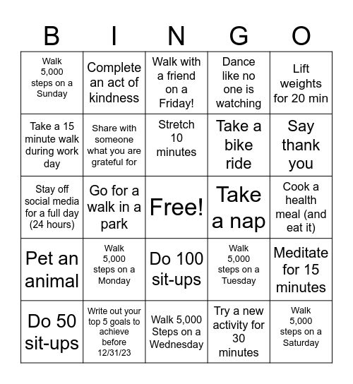 Wellness Bingo Card