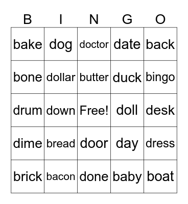 Words Beginning With B and D Bingo Card