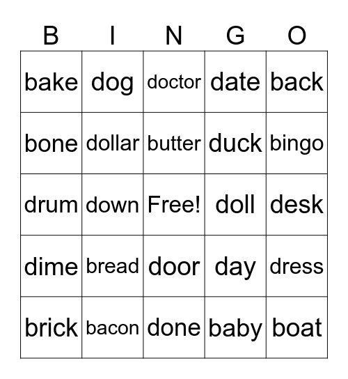 Words Beginning With B and D Bingo Card