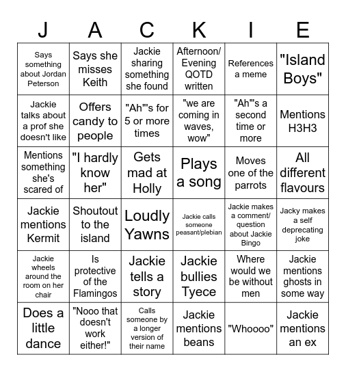 Jackie Bingo Card