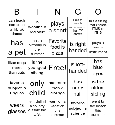 Classmate Bingo Card