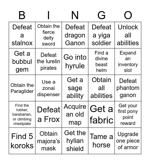 Tears of the kingdom Bingo Card