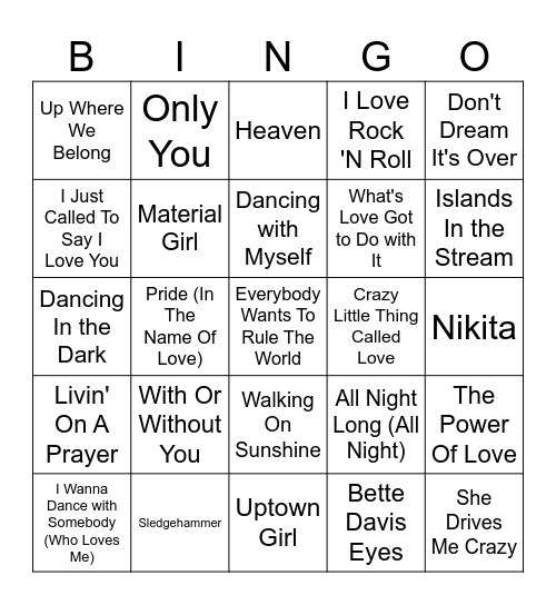 Hits of The 80's Bingo Card