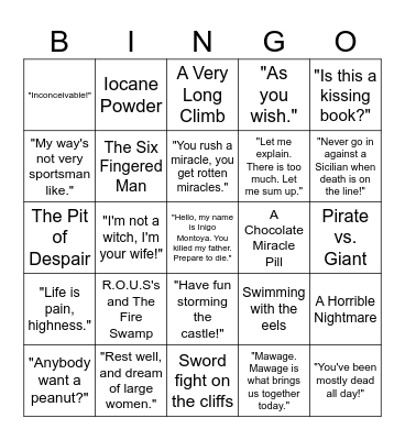 The Princess Bride Bingo Card