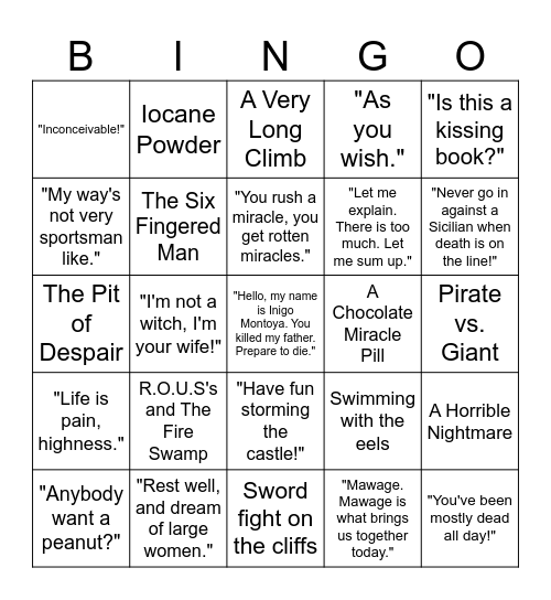 The Princess Bride Bingo Card