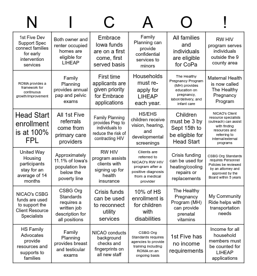 NICAO All-Agency Facts Bingo Card