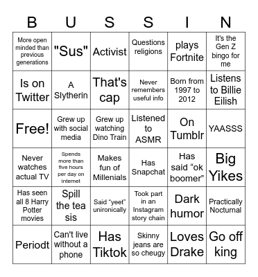 Gen Z Bingo Card