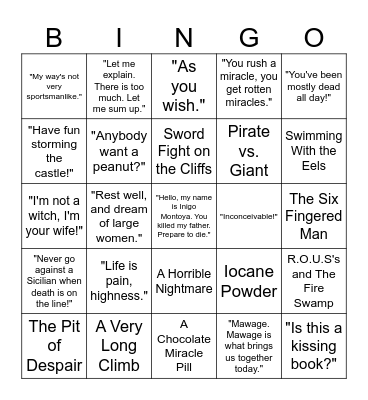The Princess Bride Bingo Card