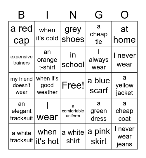 ¿Qué ropa llevas? English Bingo Card