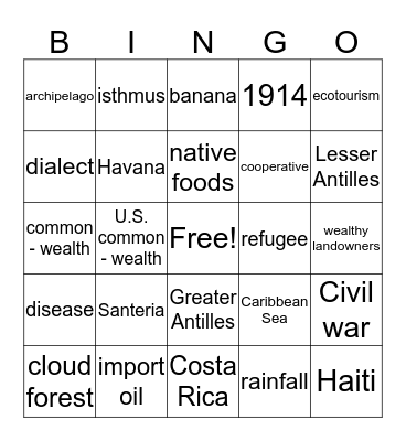 6th Grade SS - Caribbean Bingo Card