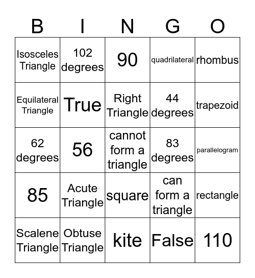 Geometry (Triangles and Quadrilaterals) Bingo Card