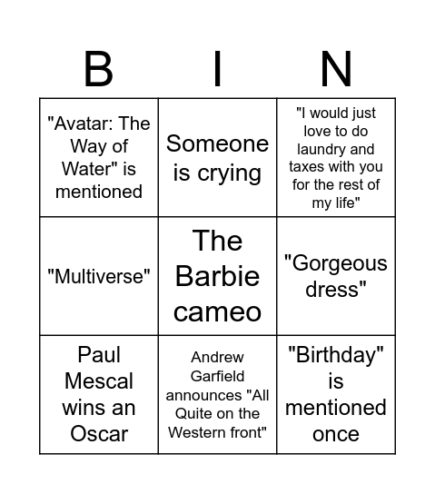 OSCARS 2023 BINGO Card