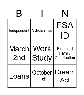 Intro to financial Aid Bingo Card