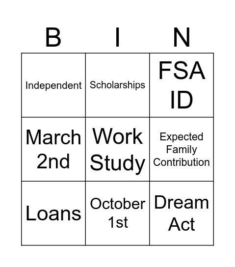 Intro to financial Aid Bingo Card