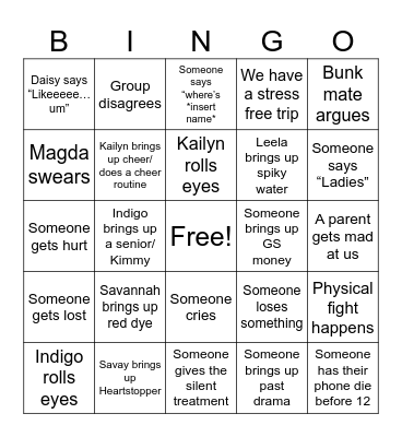 Girl Scout Trip 2023 Bingo Card