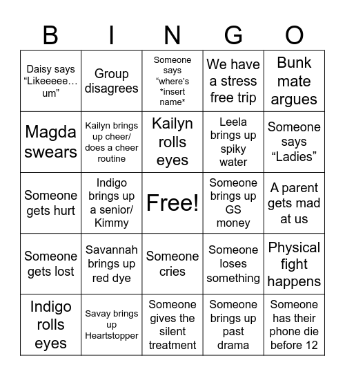 Girl Scout Trip 2023 Bingo Card