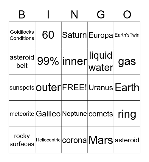 Solar System Bingo Card