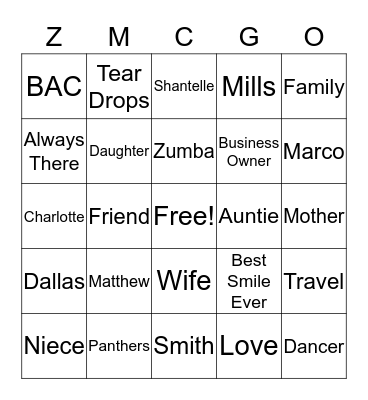 Zenitra's 40th Birthday Bingo Card