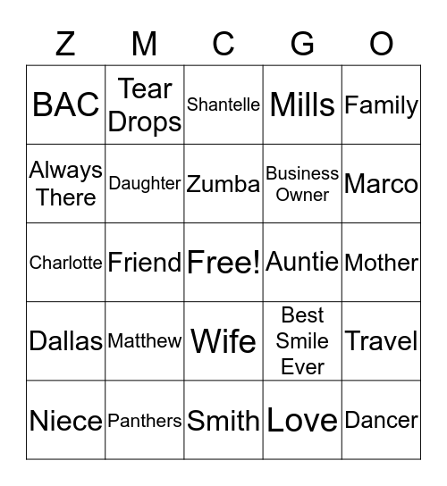 Zenitra's 40th Birthday Bingo Card