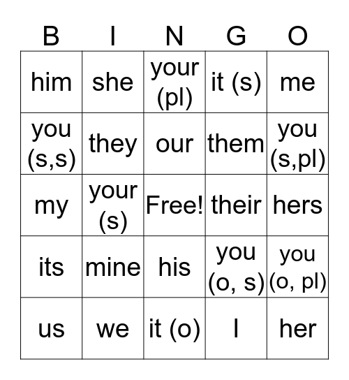 Pronoun Bingo Card