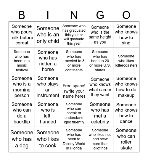 Find a different person for each square! Bingo Card