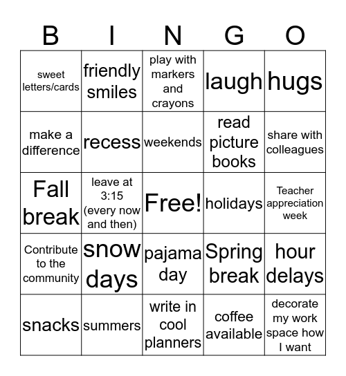 PERKS of BEING a TEACHER BINGO Card