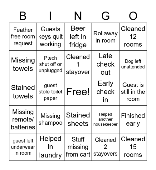 Housekeeping Bingo Card