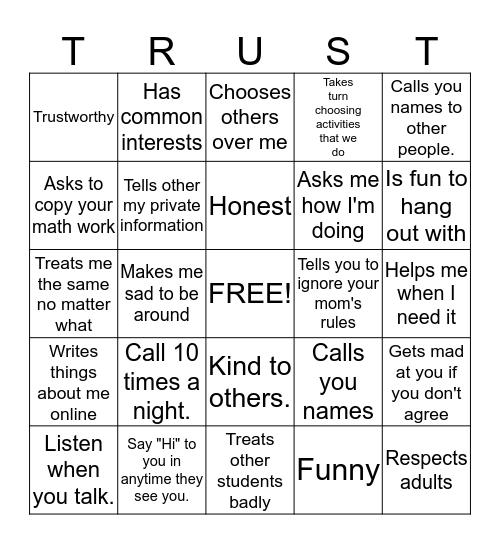 Relationship Bingo Card