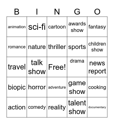 Movie and TV Programme Genres Bingo Card