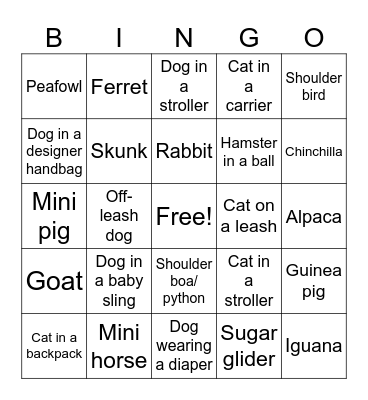 VAD Animal Bingo Card