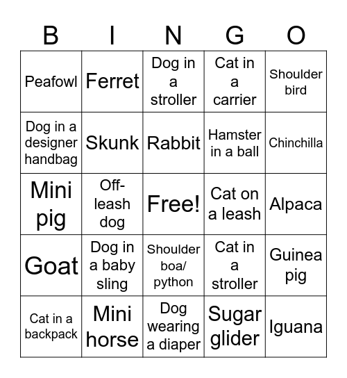 VAD Animal Bingo Card