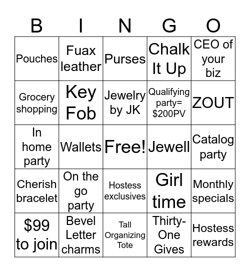 Thirty-One Bingo Card