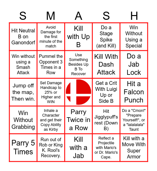 Smash Bros Intermediate Bingo Card