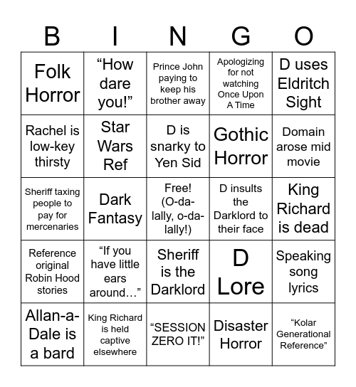 Wonderful World of Darklords: Robin Hood Bingo Card