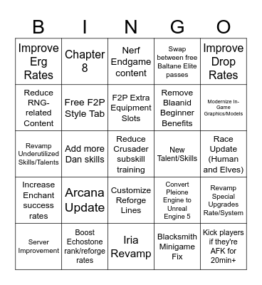 Fantasy Party Bingo Card