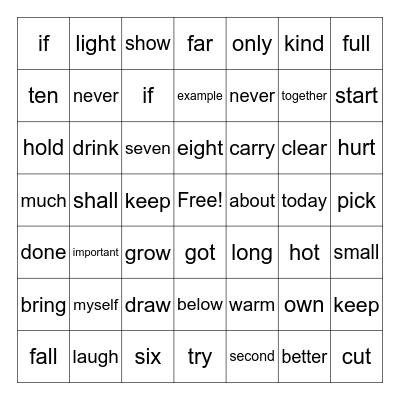 Sight Words 3rd Grade Bingo Card