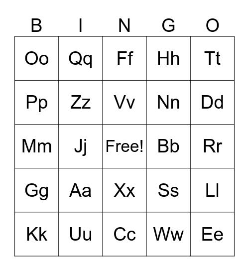 ASL Alphabet Bingo Card