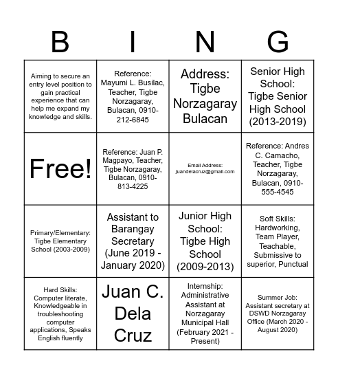 RESUME Bingo Card