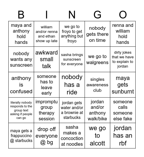 Wednesday’s hangout Bingo Card