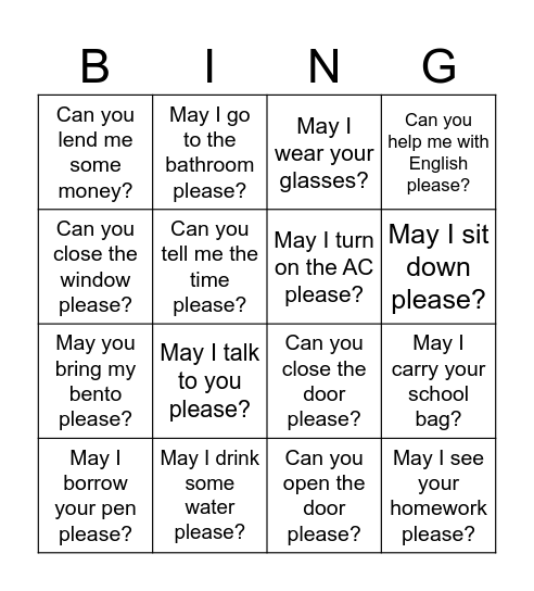 May I Bingo Card