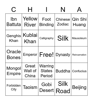CHINA Bingo Card
