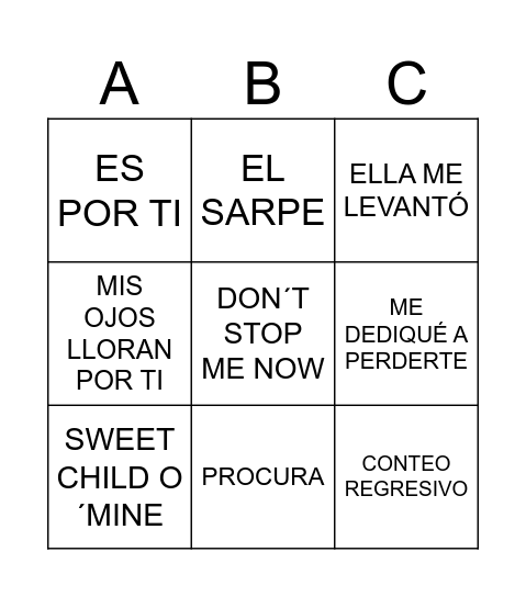 Bingo Musical Bingo Card