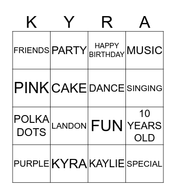 Kyra's Birthday Bingo Card