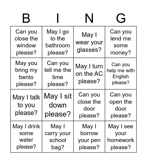 May I Bingo Card