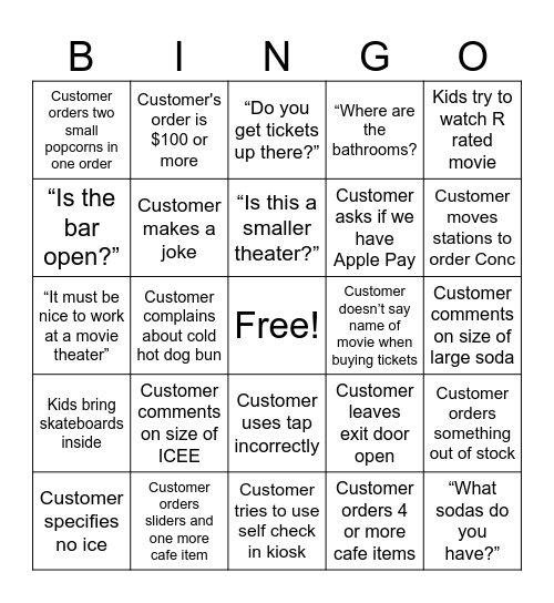 Cinelux Customer Interaction Bingo Card