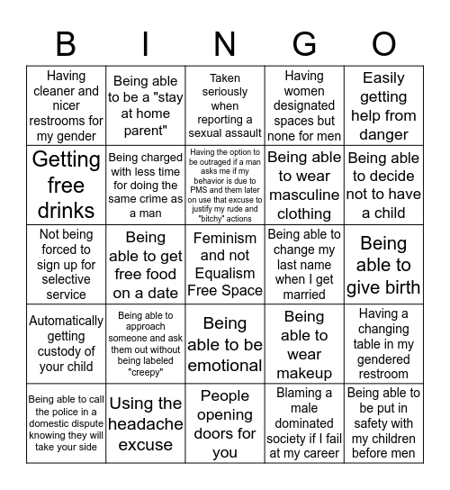 Female Privilege Bingo Card